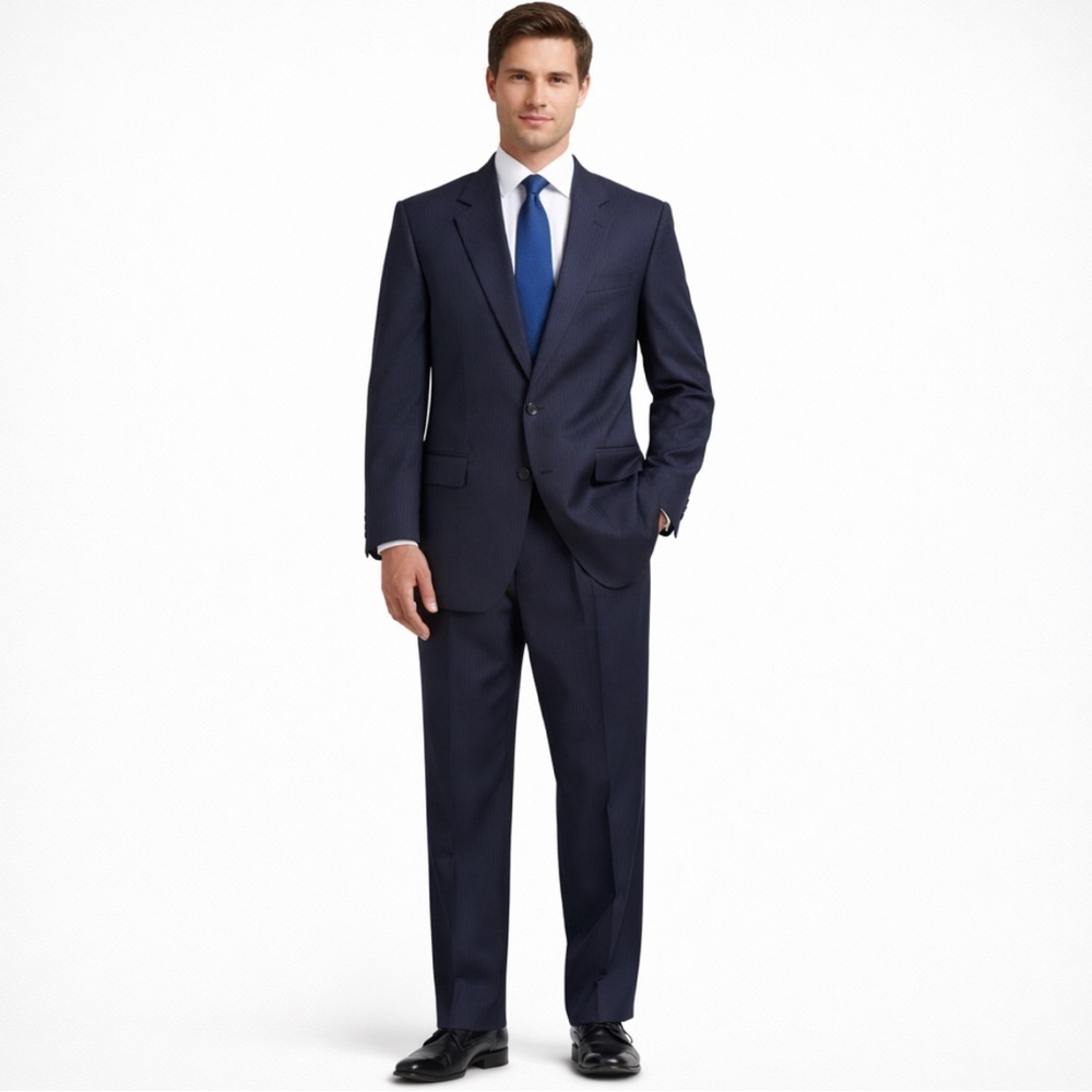 Joseph & Feiss Navy Pinstripe Suit Athletic Fit Jacket: 42R pleated Pants: 35x31